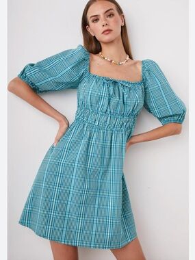 New Rails Blue Green  Dress Size L Brenda Check Mini Babydoll Summer Vacation